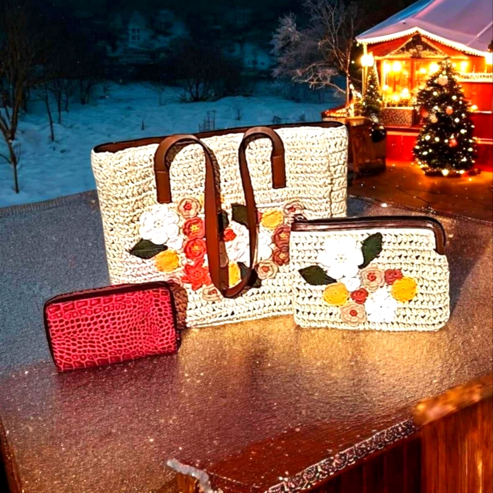 Patricia Nash Cream w/ Flower Tote w/ Zipper Wallet and Crochet Wristlet